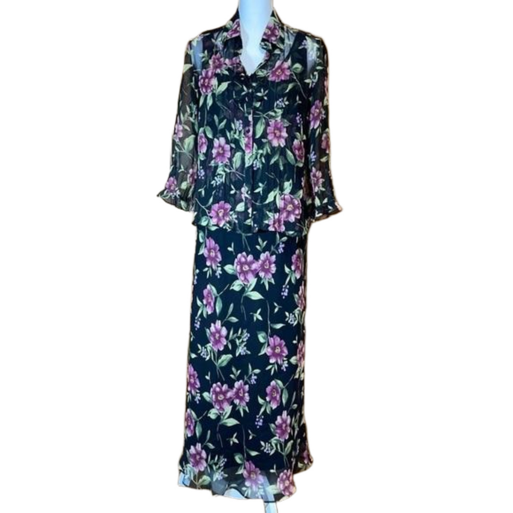 Virgo Black Floral Maxi Dress with Jacket - EUC